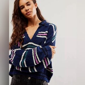 Free People Navy V-Neck Striped Sweater with Pink, Green & White Accents